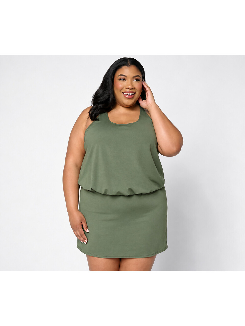 Denim & Co. Beach Blouson Tankini Brief and Coverup Skirt Solid Dark Olive, 12